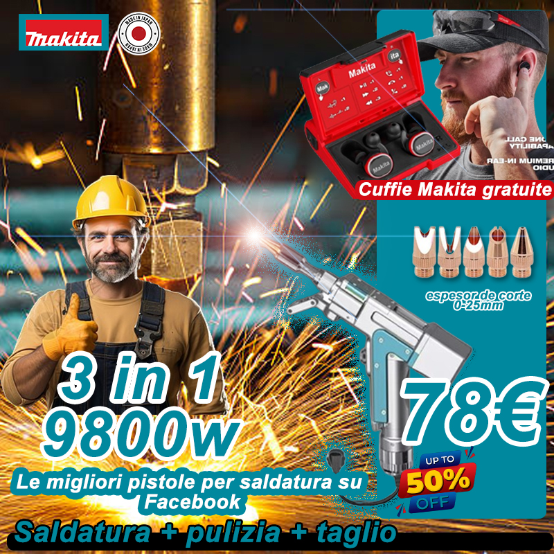 9800 W 【3 in 1】: Saldatura + pulizia + taglio (velocità 18 m/min, spessore 0-25 mm)